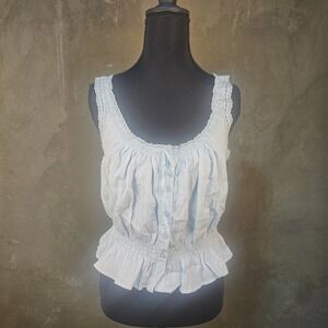 American Eagle Light Blue Smocked Milkmaid Peplum Tank Top Cropped Lace Trim M